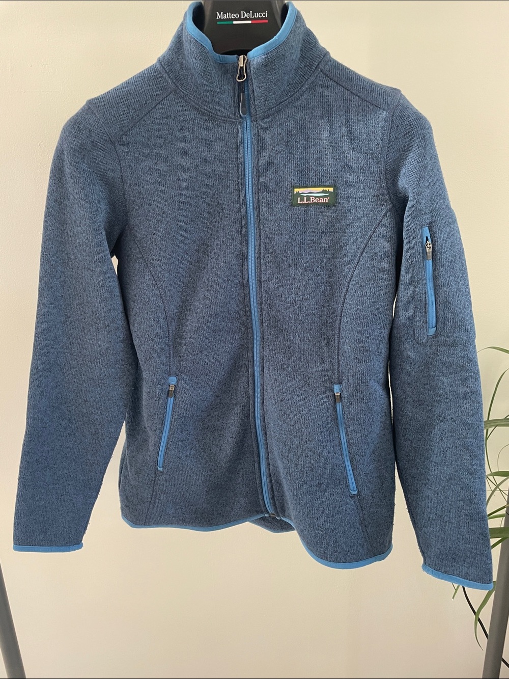 L.L. Bean Women's Heathered Navy Fleece Jacket with Light Blue Trim
